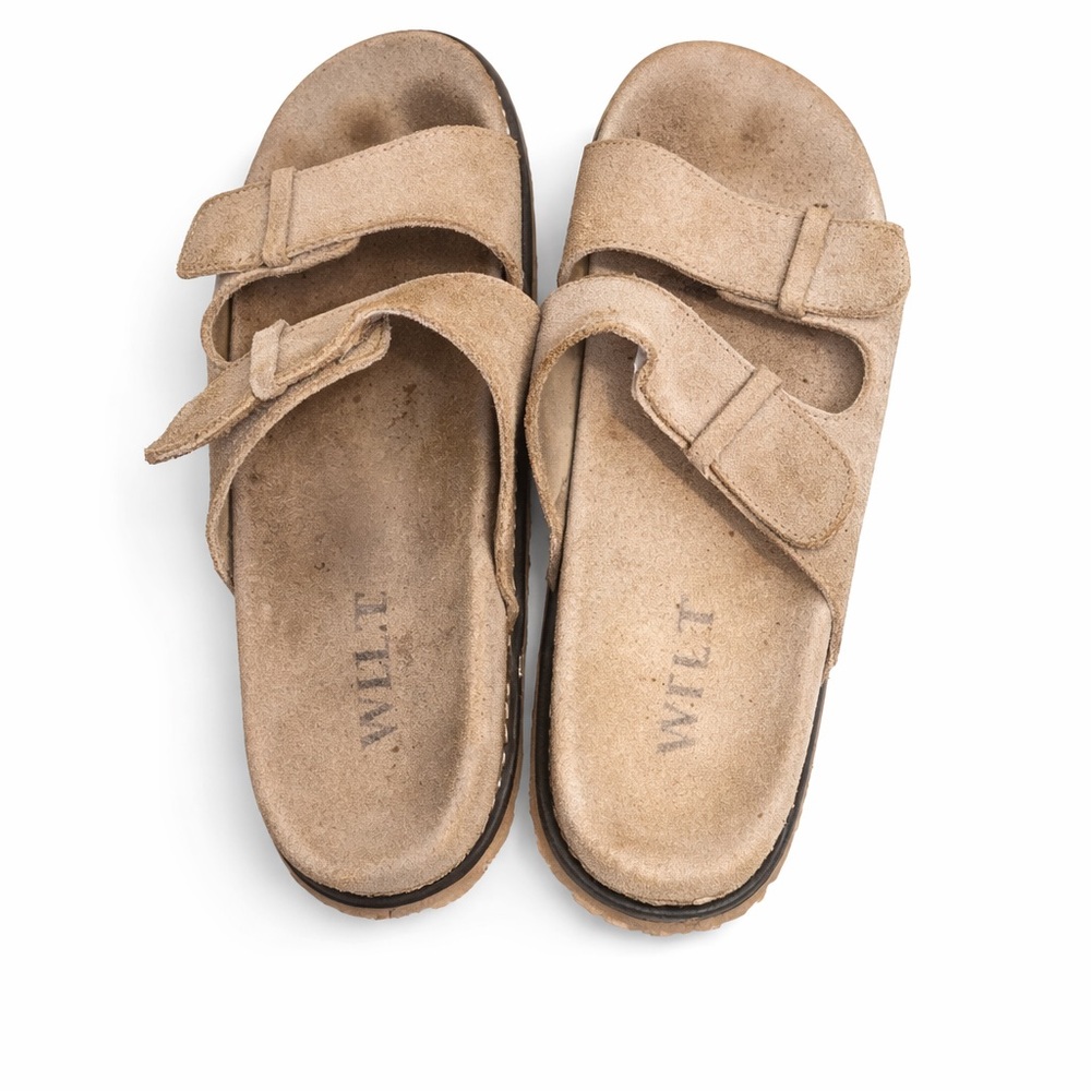 WILT Suede Leather Comfort Slides Sandals Women's Tan Adjustable Strap